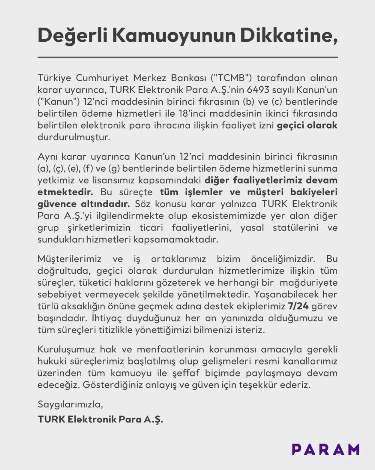 TCMB, Param'ın bazı ödeme hizmetlerini ve elektronik para ihracını geçici olarak durdurdu